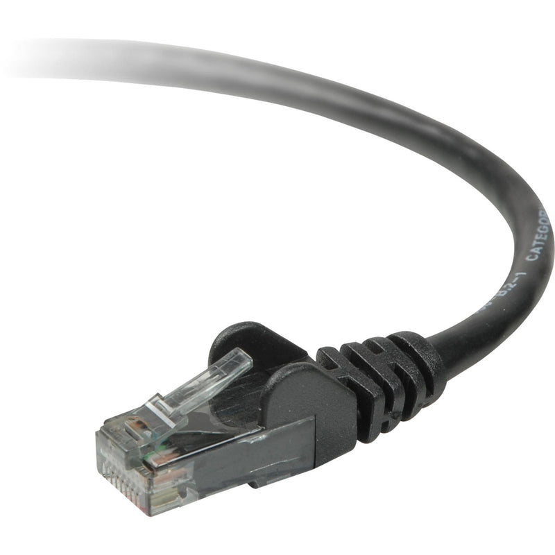 Close-up view of Belkin Cat.6 UTP patch cable's black snagless boot and gold-plated RJ-45 connector