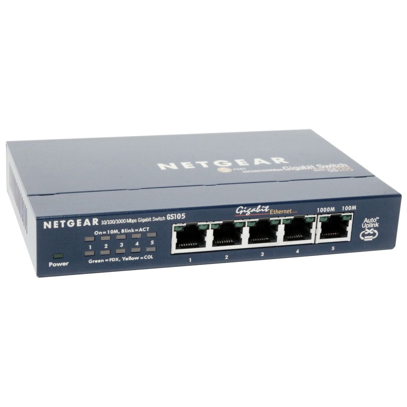 Front view of NETGEAR ProSafe GS105 5-port Gigabit Ethernet switch showing ports and LED indicators-alternate-image1