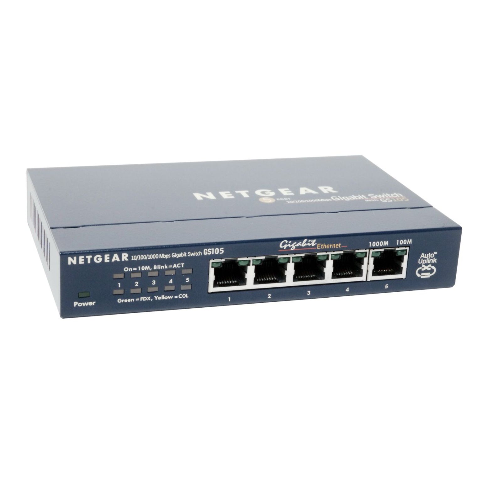 Angled view of NETGEAR ProSafe GS105 switch showing compact metal chassis and port layout-alternate-image2