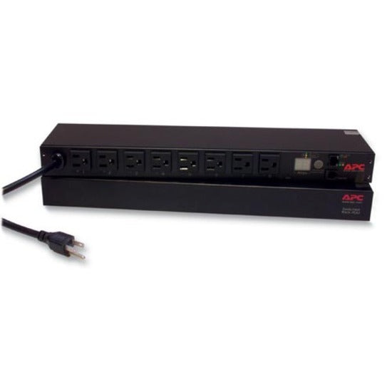 Front view of APC AP7900 Switched Rack PDU showing 8 NEMA outlets and digital display interface