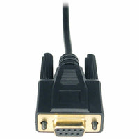 Close-up view of DB9 female connector on Tripp Lite P450-010 null modem cable showing gold-plated pins and molded housing-alternate-image2