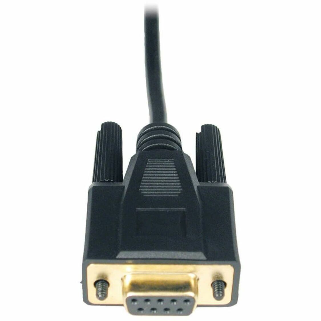 Close-up view of DB9 female connector on Tripp Lite P450-010 null modem cable showing gold-plated pins and molded housing-alternate-image2