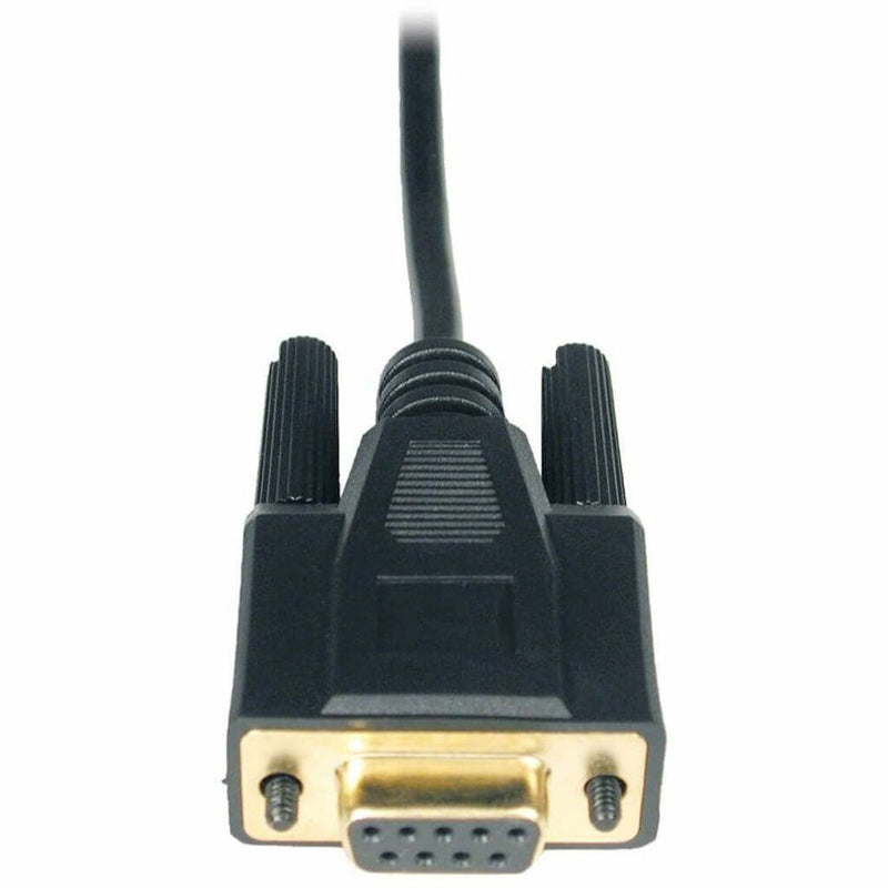 Close-up view of DB9 female connector on Tripp Lite P450-010 null modem cable showing gold-plated pins and molded housing