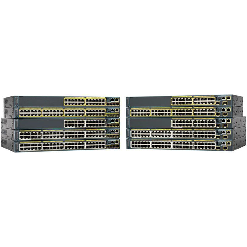 Close-up view of Cisco Catalyst 2960S-48LPS-L switch stack showing detailed port arrangement and LED indicators