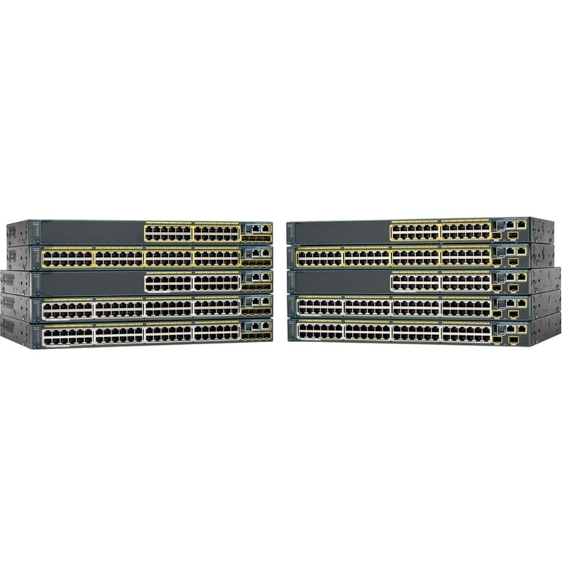 Stack of multiple Cisco Catalyst 2960S-48LPS-L switches showing front panel ports and expansion slots in rack-mount configuration