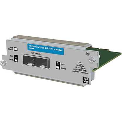 HPE E SFP+ expansion module showing dual SFP+ ports with status indicators and port labels on silver chassis with green PCB board-alternate-image1