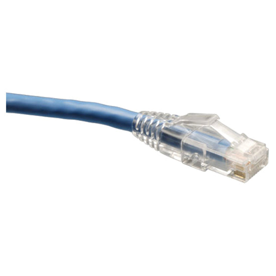 Close-up view of Tripp Lite Cat6 cable's transparent RJ-45 connector with blue cable and snagless boot-alternate-image1