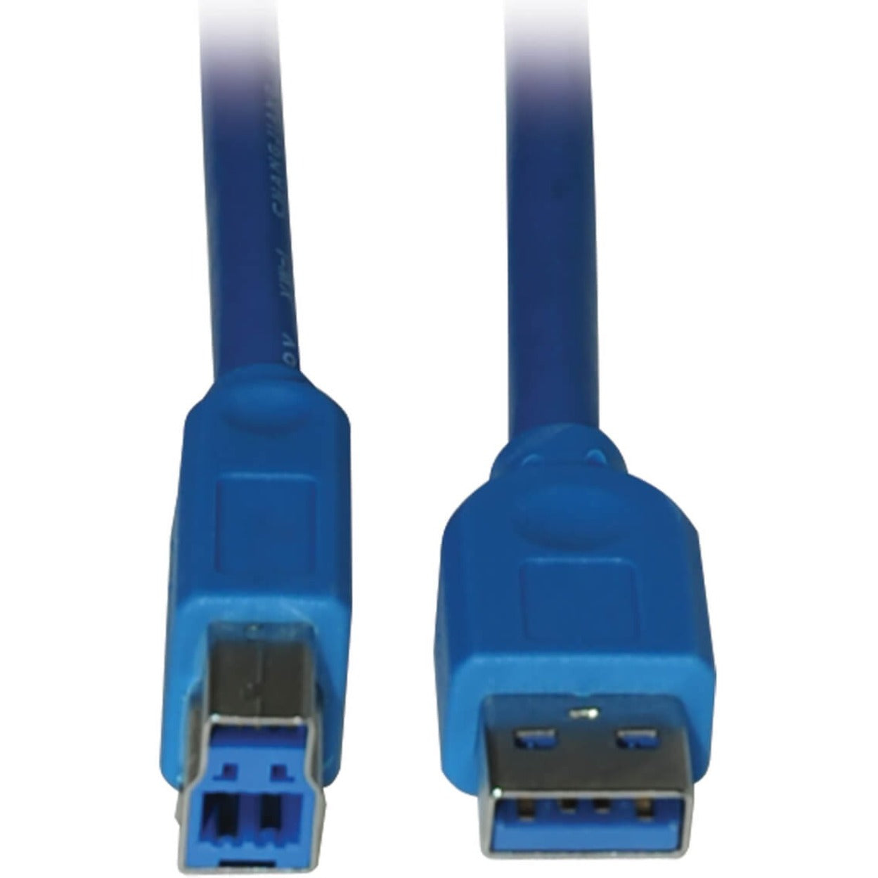 Close-up view of Tripp Lite USB 3.0 cable connectors showing Type A and Type B ends with blue housing-alternate-image1