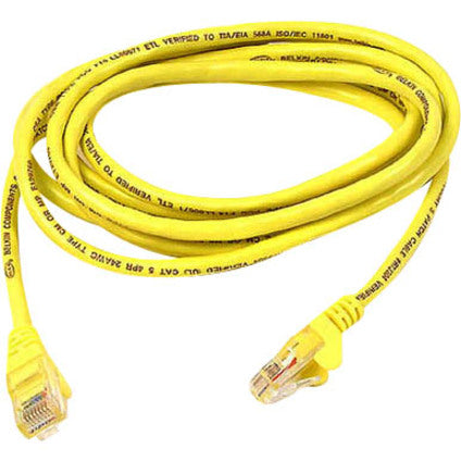 Yellow Belkin CAT6 Ethernet patch cable with RJ45 connectors coiled showing its 25-foot length-alternate-image1