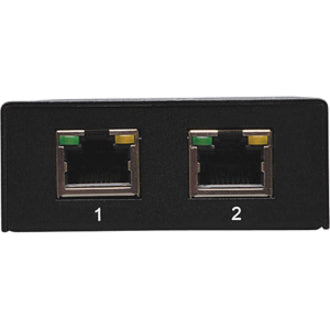 Close-up view of B140-002's dual RJ45 output ports with numeric labels