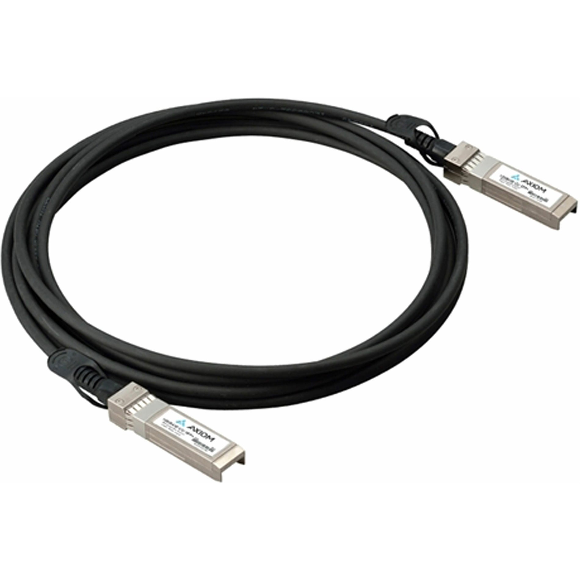 Axiom 7-meter black twinax cable with SFP+ connectors showing coiled cable and Axiom-branded connectors-alternate-image1