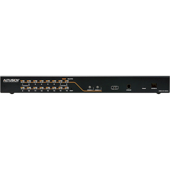 Front view of ATEN ALTUSEN KH2516A KVM switch showing 16-port configuration with LED indicators and control interface