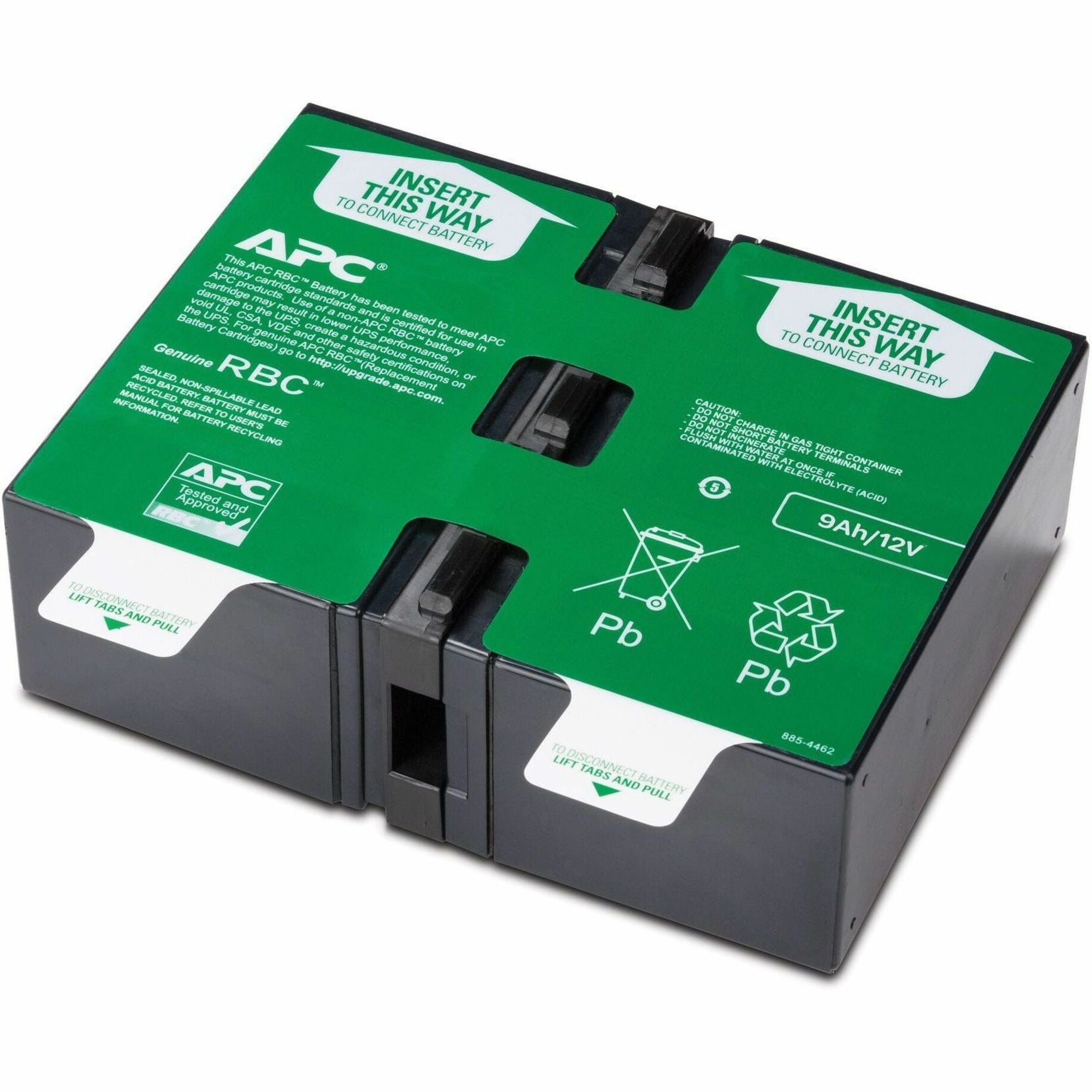 APC APCRBC124 replacement battery cartridge with green top panel showing installation instructions and specifications-alternate-image1