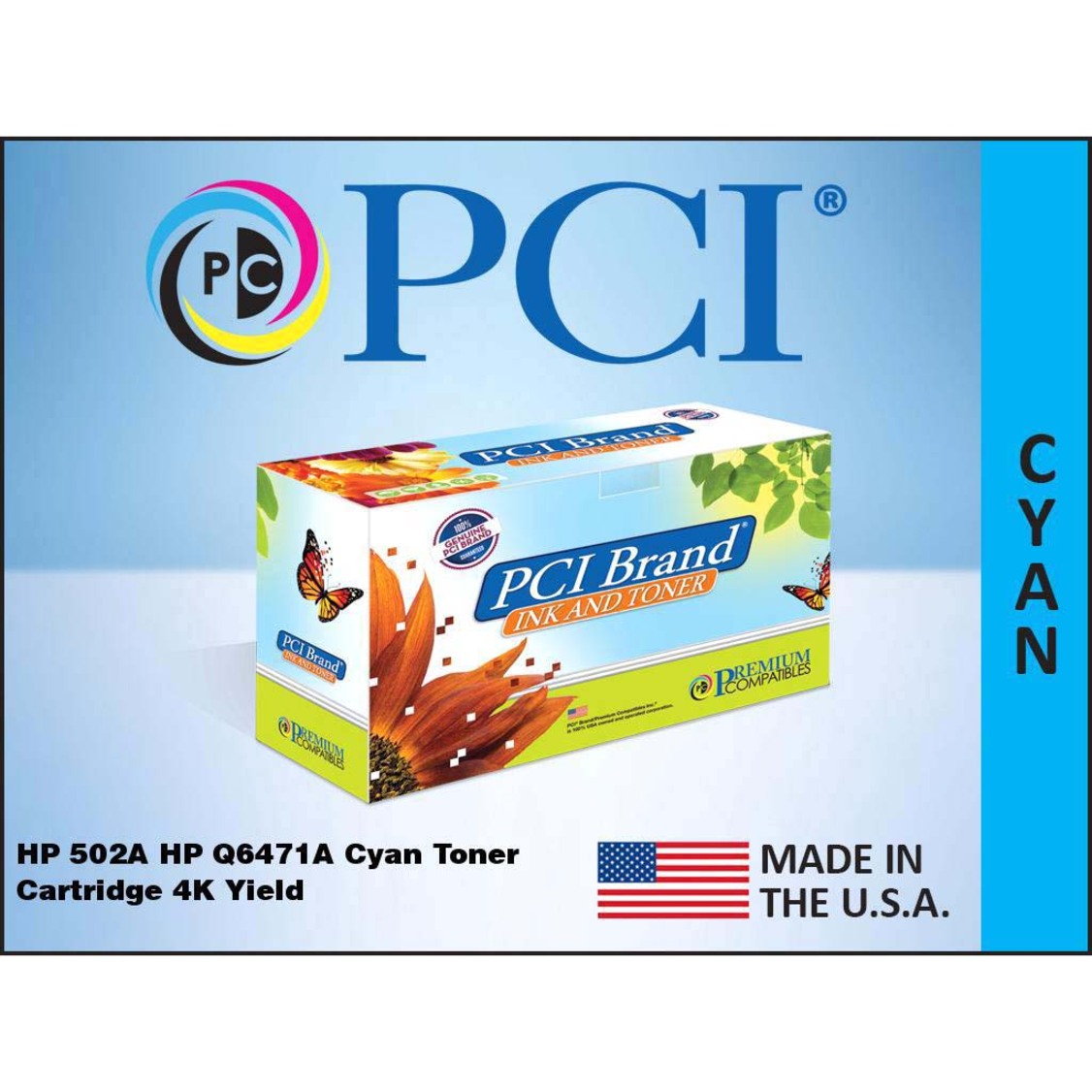 PCI Brand cyan toner cartridge product display with USA manufacturing emphasis and specifications-alternate-image2