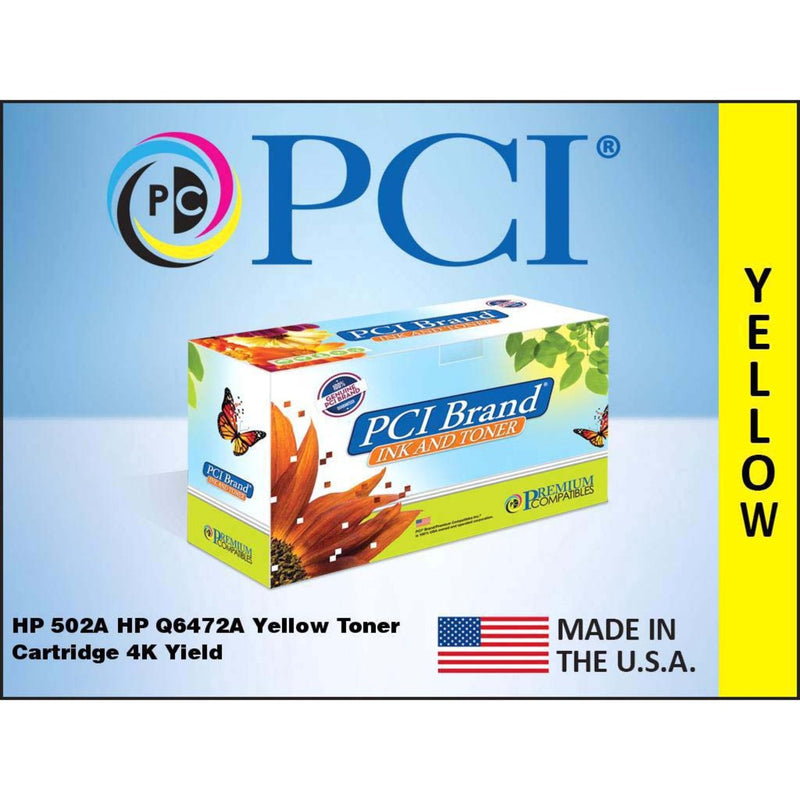 PCI Brand logo and product display showing yellow toner cartridge specifications with USA flag emblem