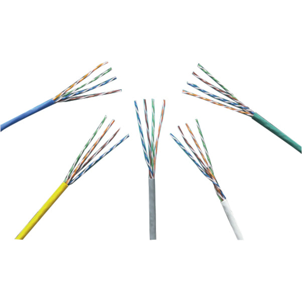 Close-up view of Genesis Cat.5e UTP cable internal construction showing color-coded twisted pairs in various jacket colors including blue, yellow, grey, white, and green