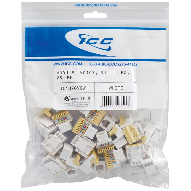 Full package view of ICC RJ-11 connectors showing product labeling and sealed storage bag