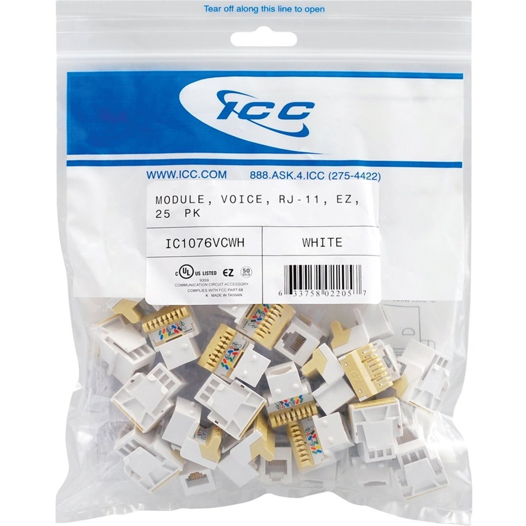 ICC IC1076VCWH Phone Connector - 25 Pack - RJ-11 Phone Female - White