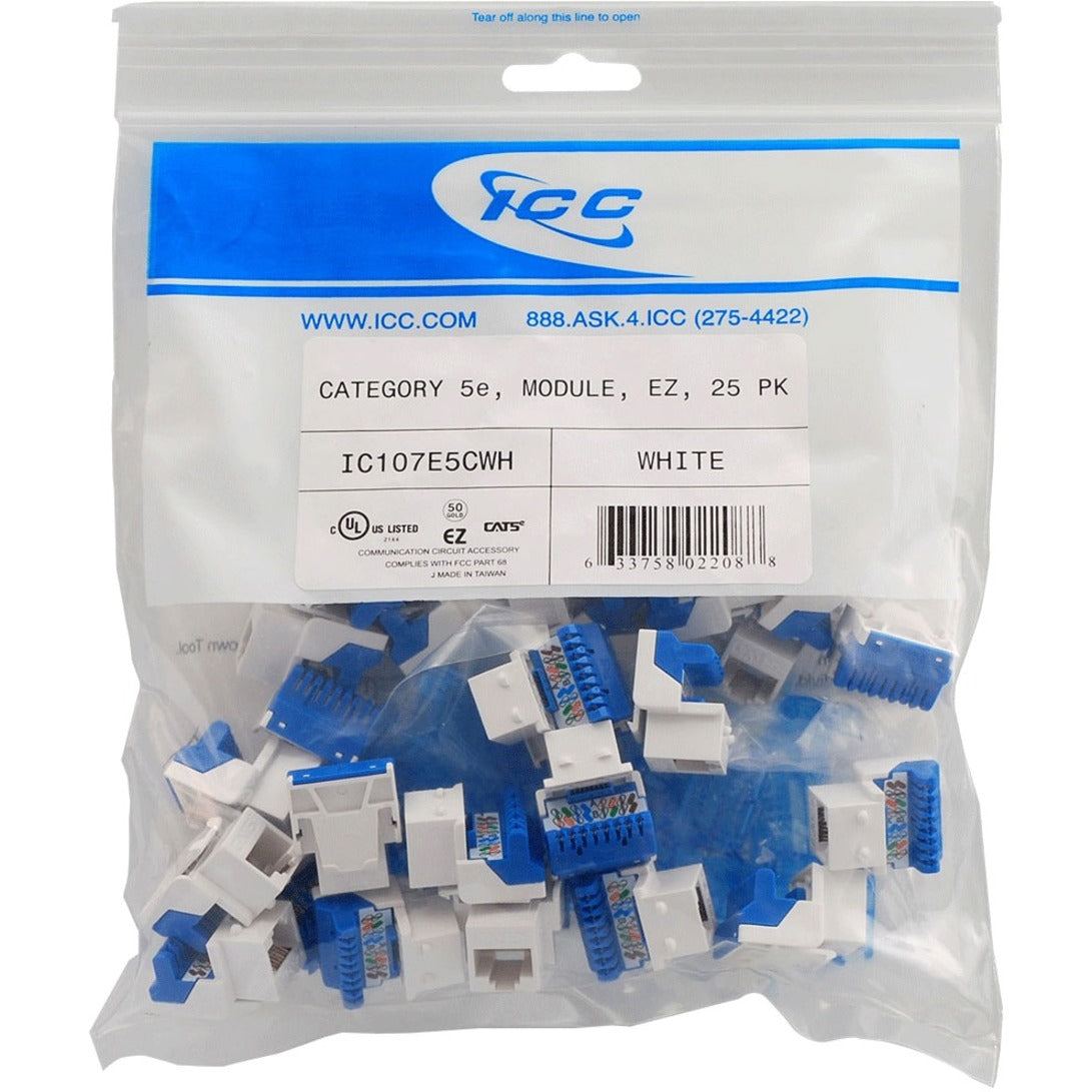 ICC IC107E5CWH Cat5e keystone jacks in resealable packaging showing white modules with blue termination caps-alternate-image1