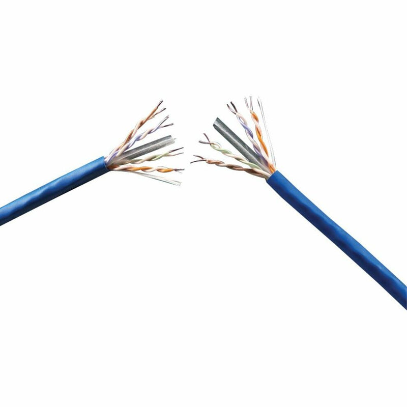 Close-up view of Genesis Cat6+ cable ends showing eight color-coded twisted pairs with blue riser-rated jacket