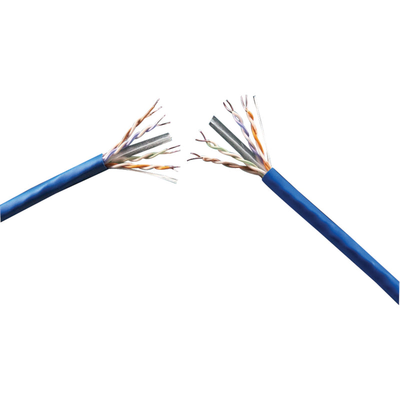 Close-up view of Genesis Cat6+ cable ends showing eight color-coded twisted pairs with blue PVC jacket