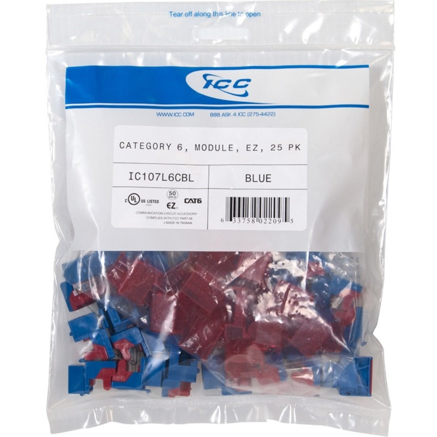 ICC Cat6 network connectors 25-pack in resealable bag showing blue modules and red termination caps-alternate-image1