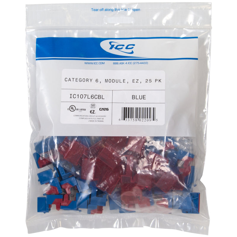 Close-up of ICC Cat6 connector pack showing product label and blue/red components