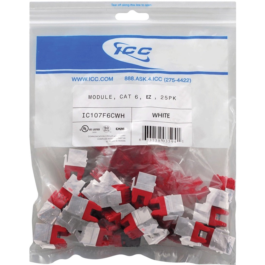 ICC Cat 6 network connectors showing 25-pack of white and red RJ-45 keystone jacks in resealable packaging-alternate-image1