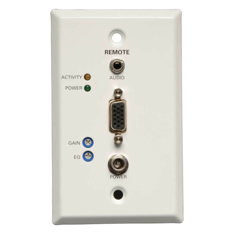 White wallplate receiver front panel showing VGA port, audio jack, power connection, activity/power LEDs, and adjustment controls for gain and EQ