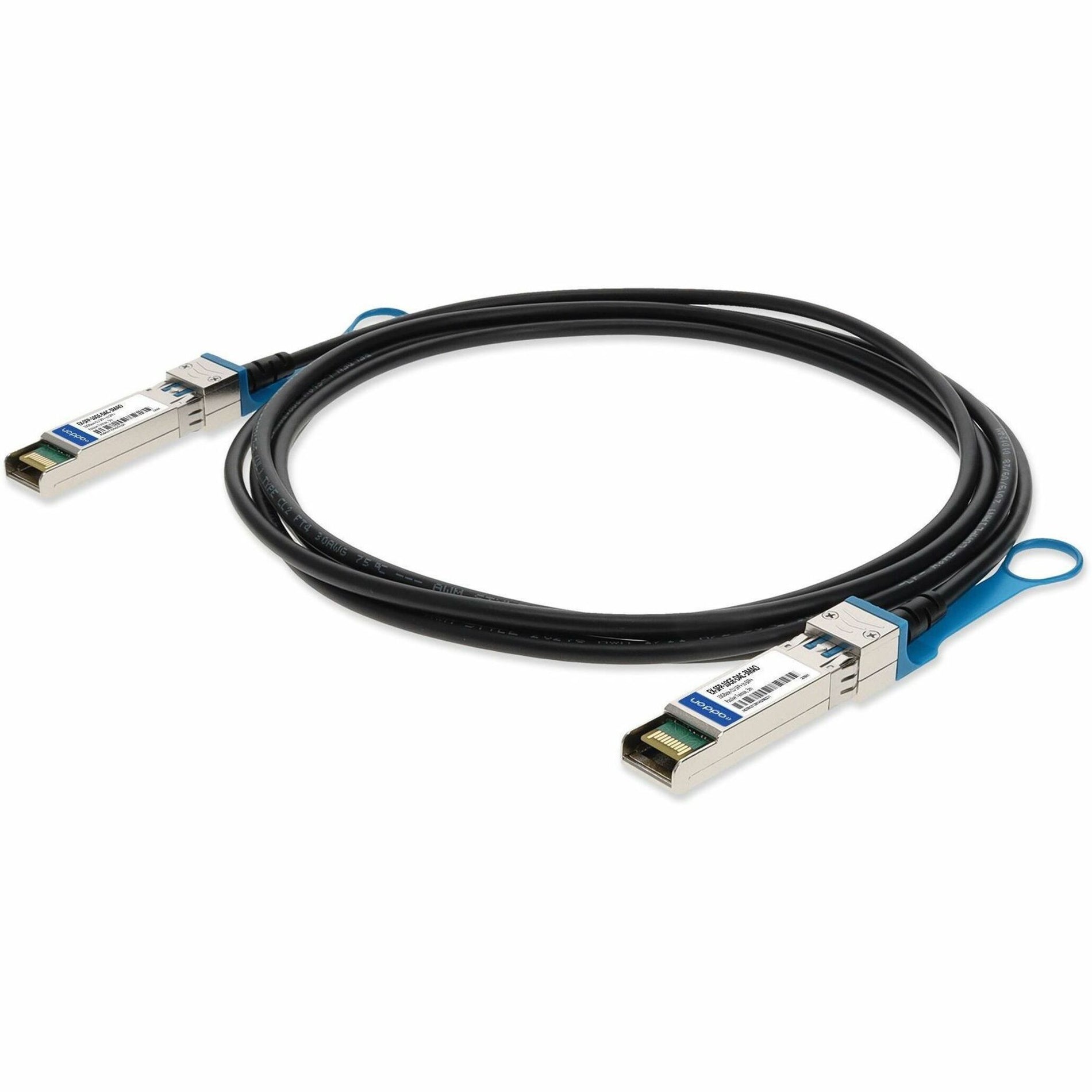 Front view of 10GBase-CR SFP+ to SFP+ direct attach twinax cable with blue pull tabs-alternate-image1