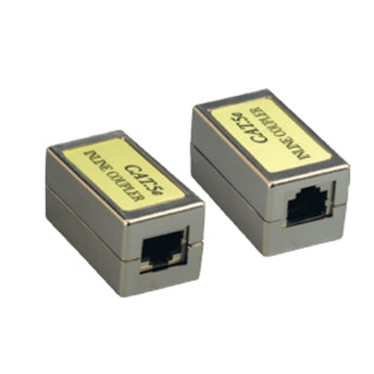 Two metallic gray Comprehensive CAT5E shielded inline couplers with RJ-45 ports and yellow identification labels