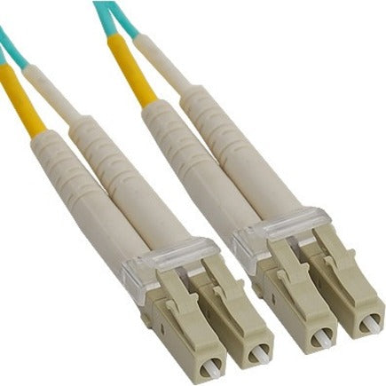 ICC 10GHz multimode duplex LC-LC fiber optic patch cable with aqua jacket and yellow strain relief boots-alternate-image1