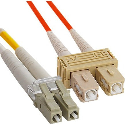 ICC multimode duplex fiber optic cable with SC connectors on one end and LC connectors on the other end, featuring orange cable jacket