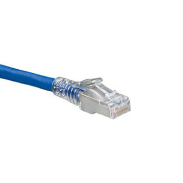 Close-up view of Atlas-X1 Cat 6A shielded RJ-45 connector with transparent boot and blue cable-alternate-image1