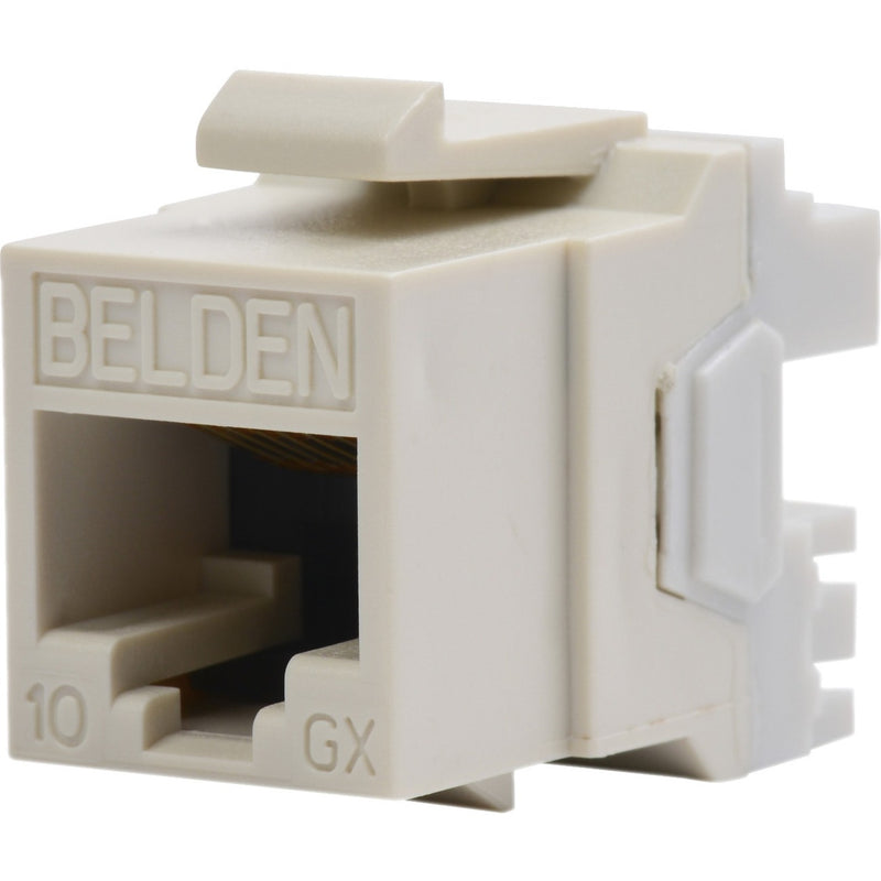 Belden 10GX CAT6A KeyConnect modular jack in electric white with RJ45 interface and snap-in design