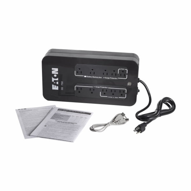 Eaton 3S Standby UPS Battery Backup, 750VA/450W, 10 NEMA 5-15R Outlets, 4ms Transfer, Maintenance-Free Sealed Lead Acid, USB Port, Mini-tower/Desktop - 3S750 (3 Year Warranty)