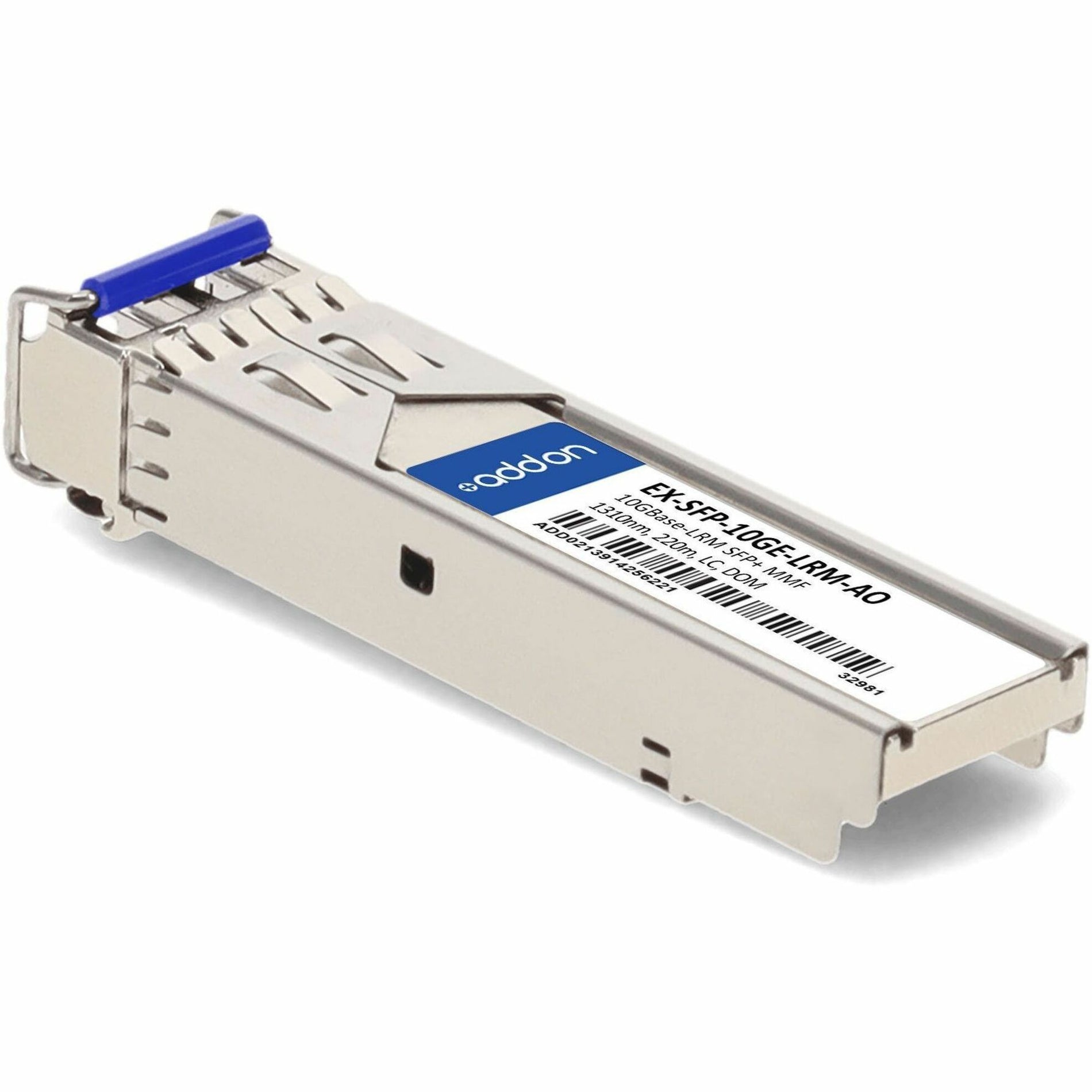 Angled top view of AddOn SFP+ transceiver displaying product markings-alternate-image3