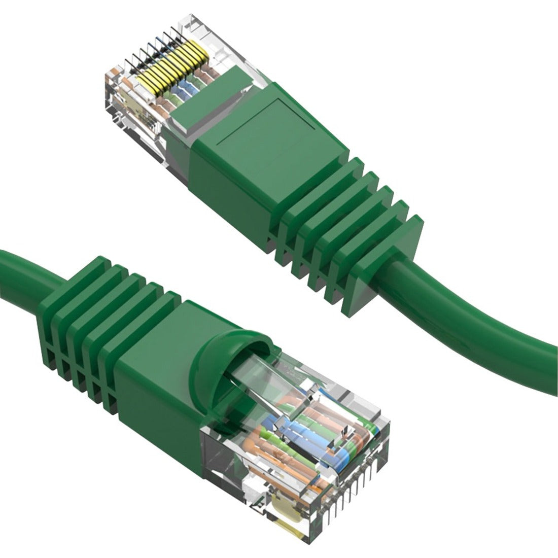 Close-up view of CAT6 cable's RJ-45 connector showing internal wiring and green protective boot-alternate-image1