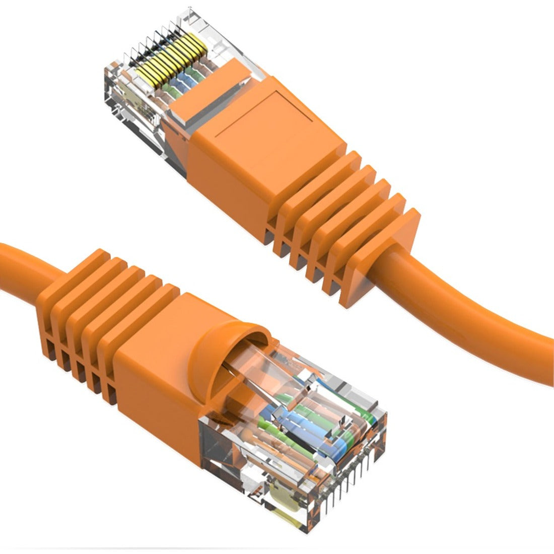 Close-up view of orange CAT6 cable connector showing internal wiring and gold-plated contacts with strain relief boot-alternate-image1