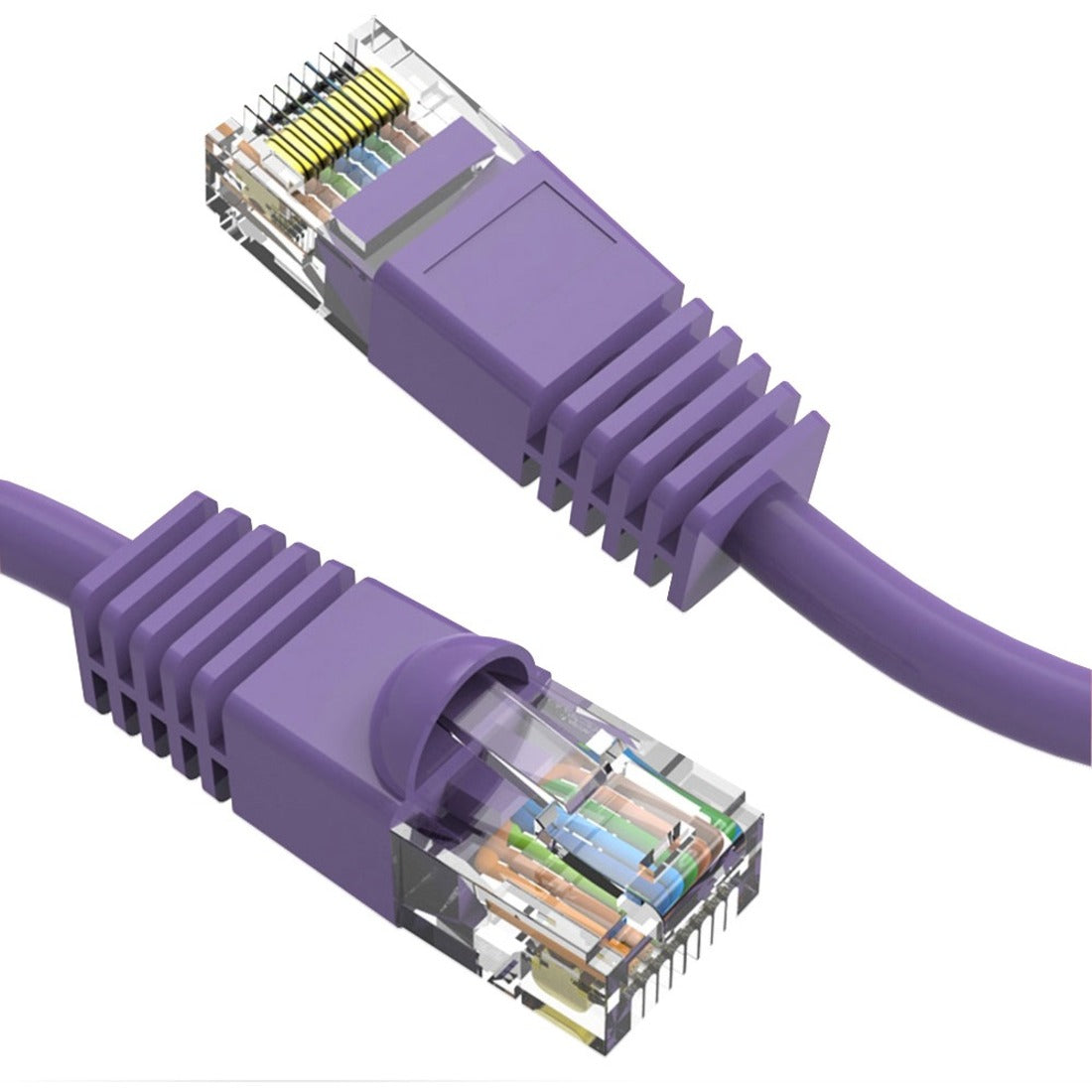 Close-up view of CAT6 cable connector showing internal wiring configuration with gold-plated contacts and purple snagless boot-alternate-image1