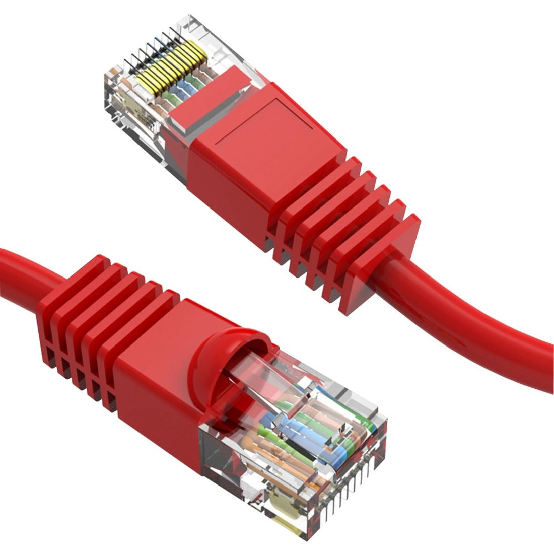 Close-up view of CAT6 cable's RJ-45 connector showing internal wire arrangement and red snagless boot-alternate-image1