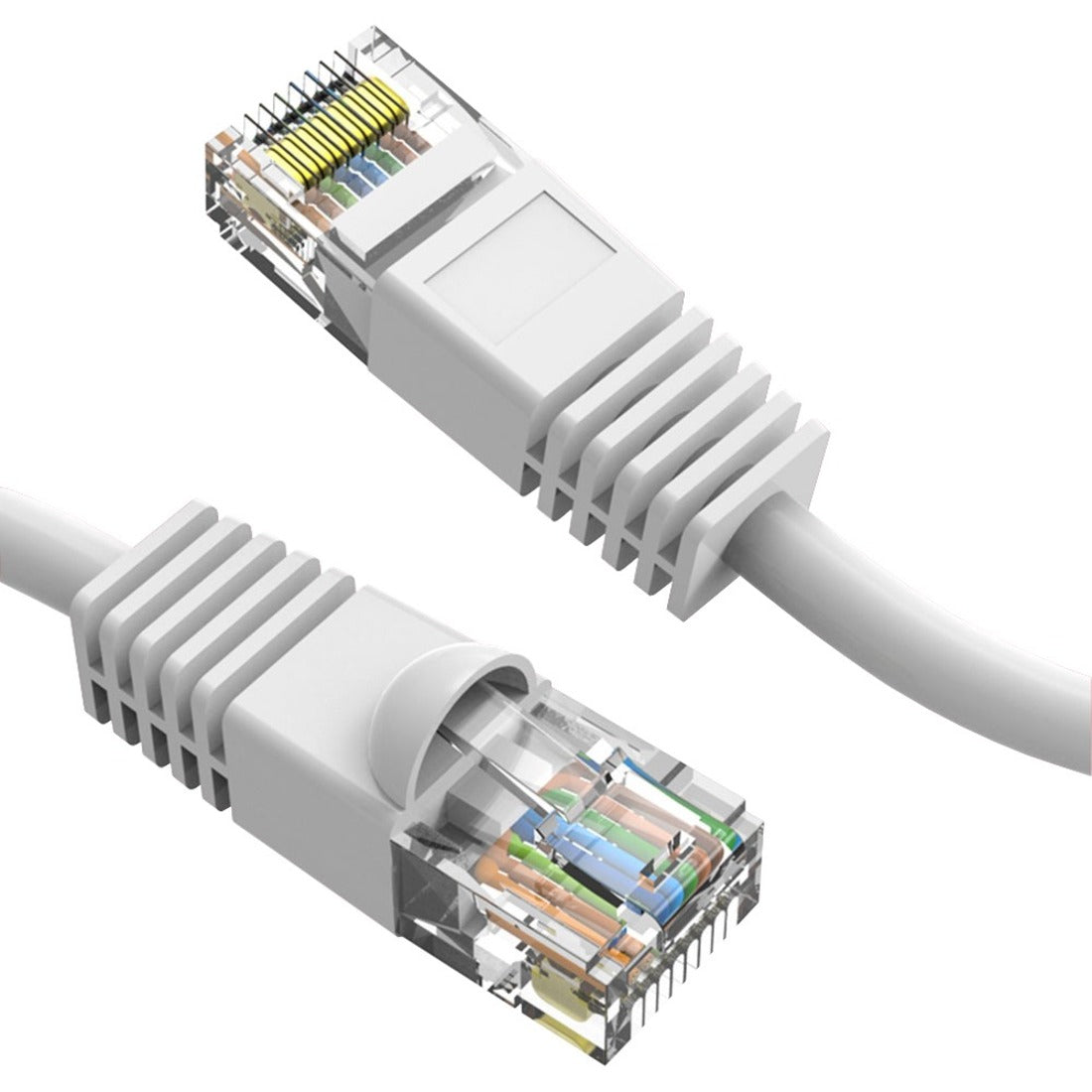 Close-up view of white CAT6 cable RJ-45 connector showing internal wiring and gold-plated contacts with strain relief boot-alternate-image1