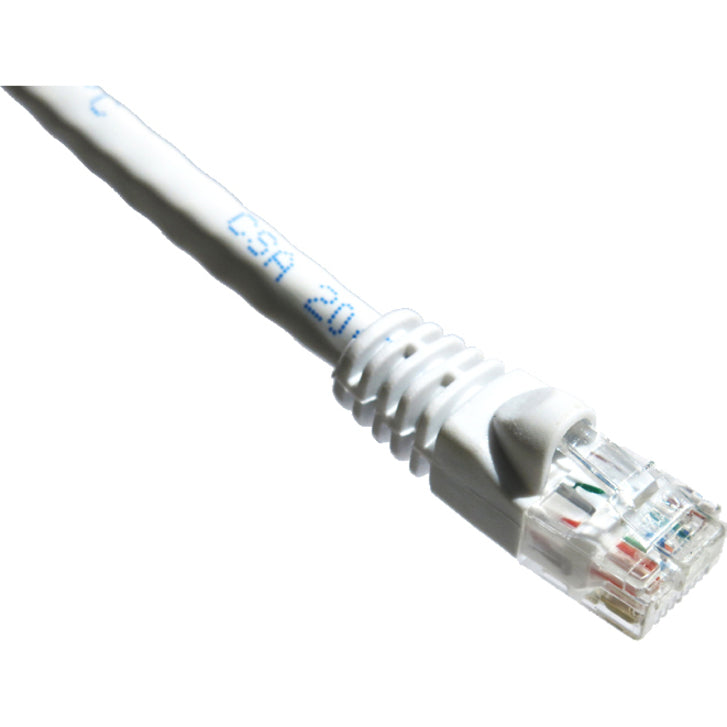 Side view of white CAT6 ethernet cable connector showing snagless boot design and cable markings-alternate-image2