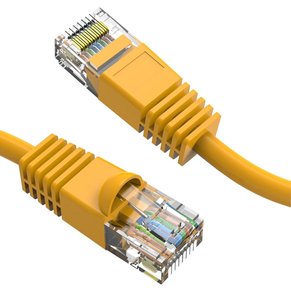 Close-up view of CAT6 cable's RJ-45 connector showing gold-plated pins and yellow snagless boot design-alternate-image1