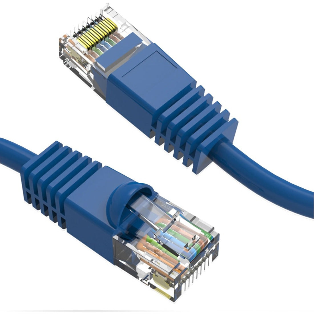 Close-up view of CAT6 cable's RJ-45 connector showing internal wiring configuration and blue snagless boot-alternate-image1