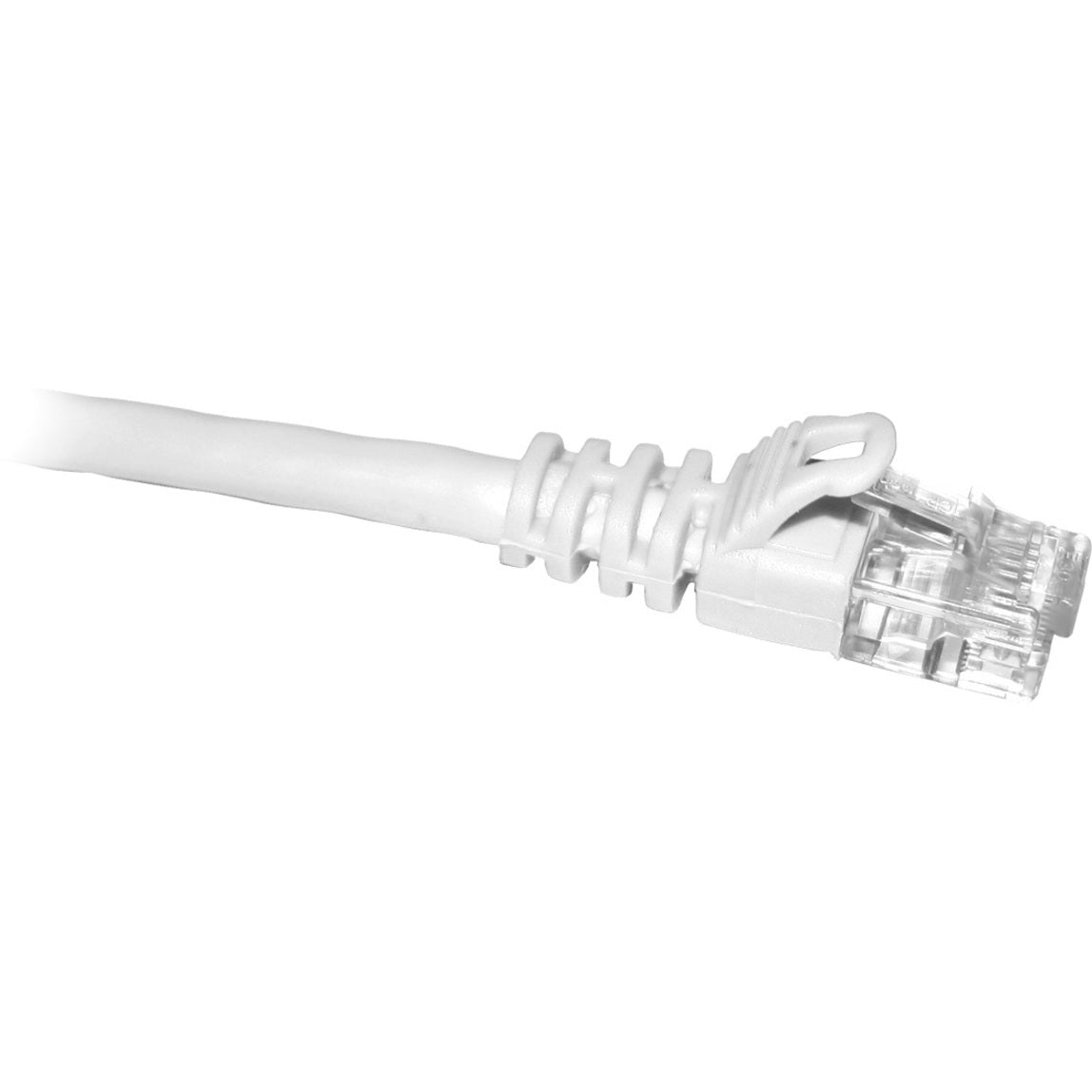 Close-up view of ClearLinks Cat5E white network cable showing snagless boot design and RJ-45 connector-alternate-image1