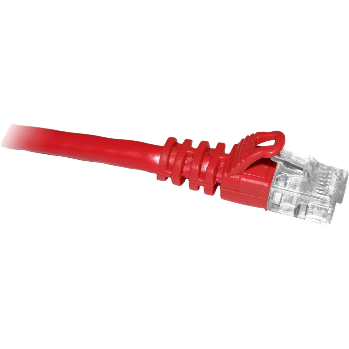 Close-up view of ClearLinks Cat 6 red patch cable showing snagless boot design and RJ-45 connector-alternate-image1