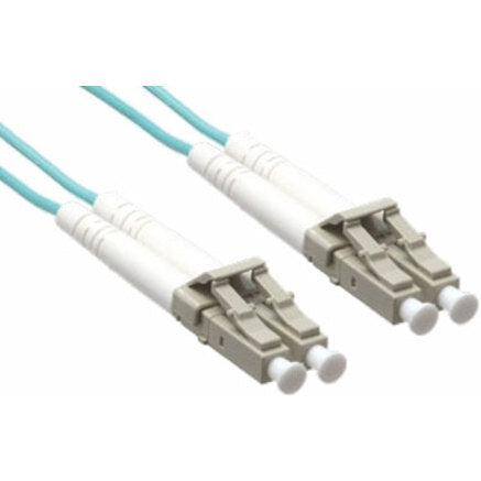 Axiom LC/LC multimode duplex fiber optic cable with aqua jacket and white LC connectors on both ends-alternate-image1