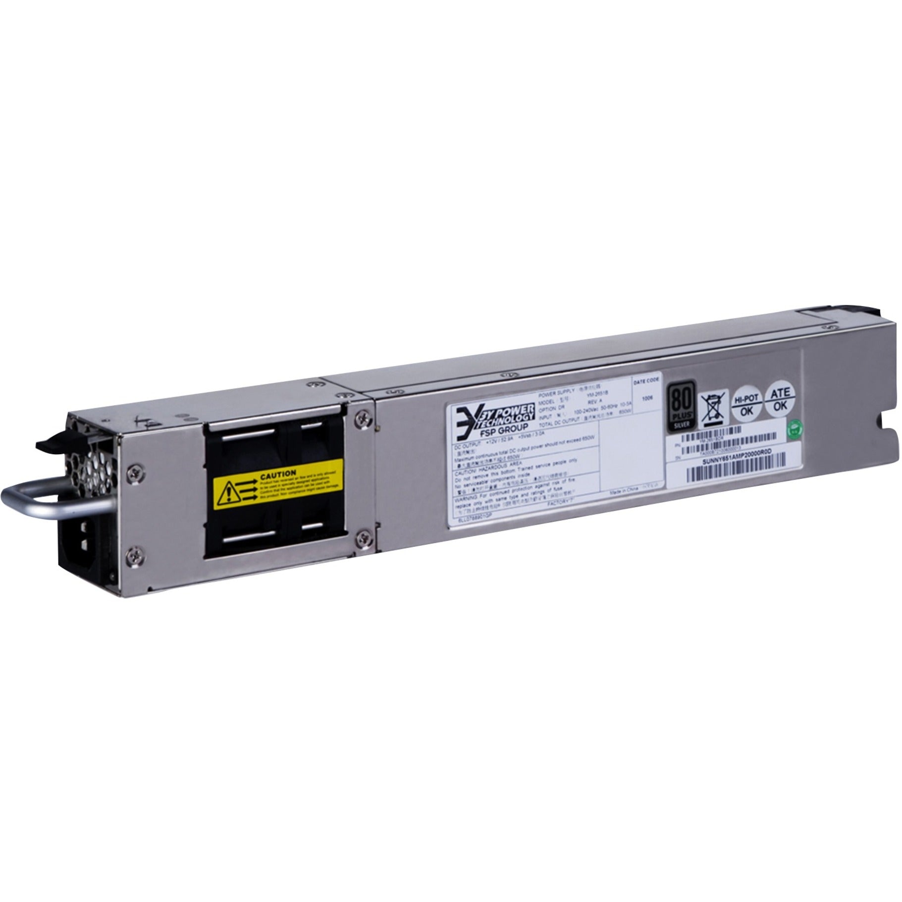 HPE E 58x0AF 650W AC Power Supply module showing hot-swappable design with status indicators and certification labels-alternate-image1