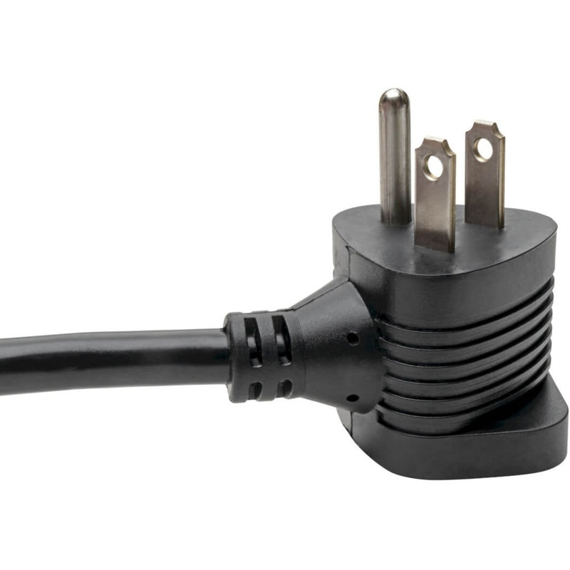 Detailed view of Tripp Lite power cord's piggyback connector design and strain relief